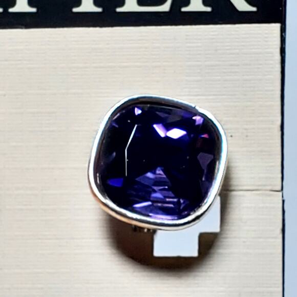 Napier Purple Rhinestone Clip On Earrings Silver Tone Unsigned New 1/2" Vtg - Picture 2 of 4